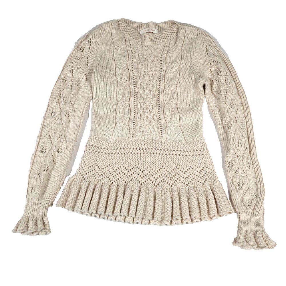 Cable knit Wool Fit Flair Ruffle Sweater See By Chloe XL Ivory‎ Alpaca Feminine
